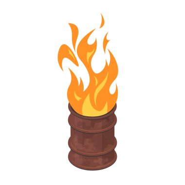 Fıçıda yangın. İzometrik görüntüde alevlerle yanan paslı bir varil. Düz bir arkaplanda izole edilmiş vektör illüstrasyonu.
