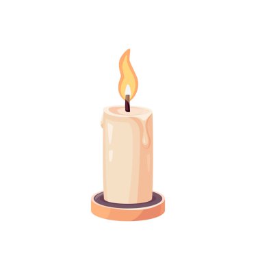 Çizgi film tarzında mum illüstrasyonu. Ev dekorasyonu, tatil, doğum günü, Noel tasarımları için küçük yanan şamdan. Beyaz arkaplanda izole edilmiş vektör