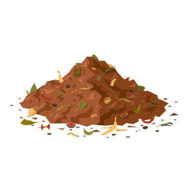Gübre için organik atık yığını. Karikatür tarzında meyve ve sebze dolu toprak yığını. Çevresel tasarımlar için tırman. Beyaz arkaplanda izole edilmiş vektör illüstrasyonu.