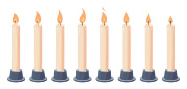 Canlandırma için mum alevi. Vektör çizgi filmi yanıyor. Canlandırılmış mum ışığı perili çarşafı. Oyunlar, videolar, GB 'ler için titreşimli şamdanlar dizisi. Beyaz arkaplanda farklı simgeler kümesi.