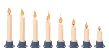 Canlandırma için mum alevi. Vektör çizgi filmi yanıyor. Canlandırılmış mum ışığı perili çarşafı. Oyunlar, videolar, GB 'ler için titreşimli şamdanlar dizisi. Beyaz arkaplanda farklı simgeler kümesi.