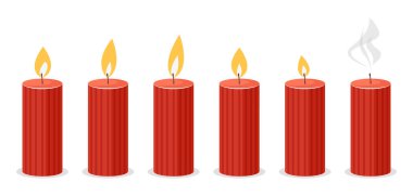Canlandırma için mum alevi. Vektör çizgi filmi yanıyor. Canlandırılmış mum ışığı perili çarşafı. Oyunlar için yanıp sönen kırmızı mum dizisi, videolar. Beyaz arkaplanda farklı simgeler kümesi.