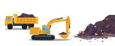 Çöplerle dolu. Kazıcı atıkları alıp çöp kamyonuna yüklüyor. Organik, plastik, cam, kağıt yığını. Çevresel düz ya da karikatür vektörü izole edilmiş arazi. Kirli hurdalık.