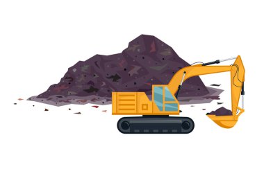 Kazıcı yere yakın, çöp ya da kömür yığını. İnşaat alanı, maden ocağı ya da sarı kazıcılı çöp sahası. Dünya işleri konsepti. İnşaat sırasında ağır makineler. Düz veya çizgi film izole vektörü