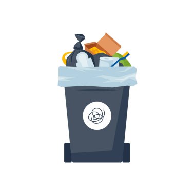 Genel atık, çöp tenekesi. Çöp dolu siyah plastik konteynır. Çöp ayıklama konsepti. Çevresel tasarımlar için izole edilmiş çizgi film veya düz vektör nesnesi.