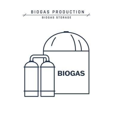 Biyogaz depolama ikonu. Metan piktogramlı tanklar. Çevresel tasarımlar için gaz taşıyıcıların çizgisi. Yeşil enerji ve yakıt üretimi. Beyaz arkaplanda izole edilmiş vektör illüstrasyonu.