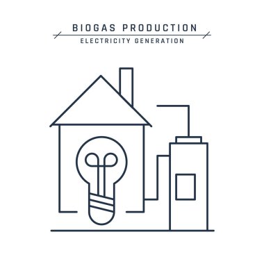 Biyokütle ikonundan gelen enerji. Biyogaz üretim serisi. Jeneratör eve yeşil elektrik sağlıyor. Çevresel tasarımlar için çizgi çizimi. Beyaz arkaplanda izole edilmiş vektör illüstrasyonu.