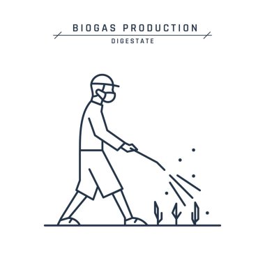 Digestate konsepti. Çiftçi ikonu, büyüyen bitkinin içine biyolojik gübre püskürtüyor. Biyogaz üretimi. Eko tasarımları için çizgi resmi. Beyaz arkaplanda izole edilmiş vektör illüstrasyonu.