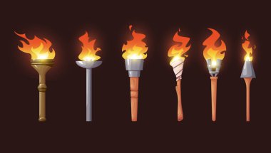 Meşale alev ikonu ayarlandı. Yanan antik, ortaçağ, spor, İskandinav, Romalı, tropik meşale lambaları koleksiyonu. Çizgi film tarzında koyu bir arkaplanda vektör illüstrasyonu.