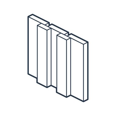 Ahşap kaplama çizgisi izometrik simgesi. Tahta ve tabur profili. Siyah vektör çizimi beyaz arkaplanda izole edilmiş. İnşaat, mimari, ev dışı ve cephe tasarımı görselleri için Pictogram.