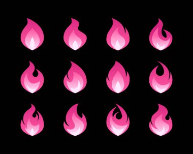 Pembe alevler ikonu hazır. Basit mor ateş emoji çıkartmaları. Y2k emo sevimli kız tasarımları koleksiyonu. Vektör illüstrasyonu düz bir arkaplanda izole edildi.