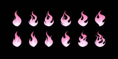 Pembe alevler ikonu hazır. Basit mor ateş emoji çıkartmaları. Y2k emo sevimli kız tasarımları koleksiyonu. Vektör illüstrasyonu düz bir arkaplanda izole edildi.