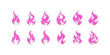 Pembe alevler ikonu hazır. Basit mor ateş emoji çıkartmaları. Y2k emo sevimli kız tasarımları koleksiyonu. Düz bir arkaplanda izole edilmiş vektör illüstrasyonu.