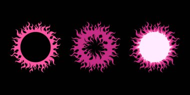 Ateş çemberleri kuruldu. Alevli halkalar. 2k eski moda kız tasarımı. Emo, glam rock, rave, gotik veya pop kavramsal mor elementler. Vektör illüstrasyonu düz bir şekilde siyah arkaplanda izole edildi