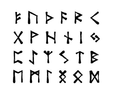 Rün simgesi seti. Eski İskandinav Viking sembolleri, sihirli ve putperest tasarım projeleri için mistik futhark alfabesi işaretleri. Beyaz arkaplanda kaba el çizimi biçiminde izole edilmiş vektör illüstrasyonu.