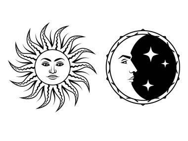 Yüzleri simgeli güneş ve ay. Astroloji mistik sembolleri, dövmeler, yıldız falı, sihir, esrarengiz tasarımlar. Düz bir arkaplanda siyah vektör çizimi izole edildi.