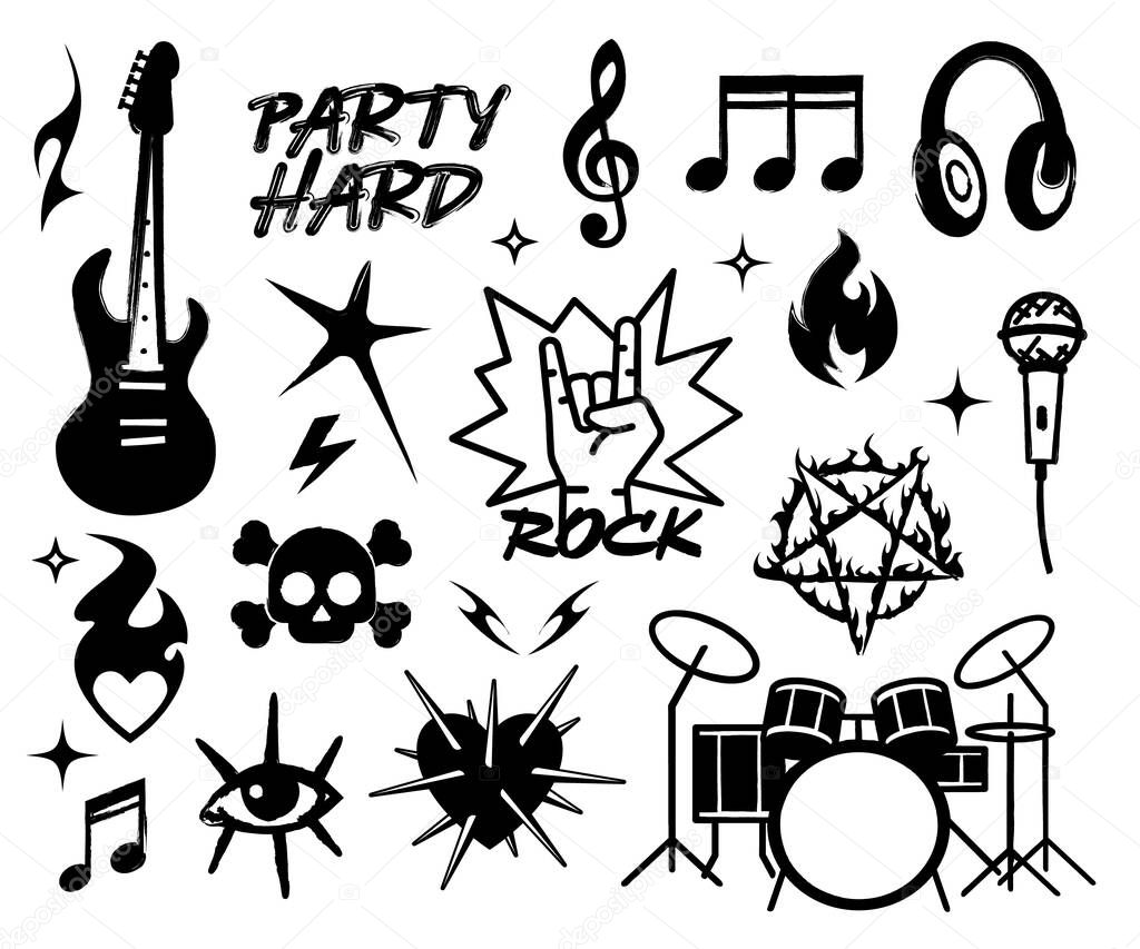 Rock music icon set. Punk, grunge or metal black symbols for musical designs, tattoos in hand drawn crayon technique. Vector illustration isolated on a white background in flat style.