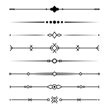 Satır metin ayırıcıları. Basit geometrik sınırlar kümesi. Tebrik kartları, davetiyeler, diploma tasarımları için zarif bir koleksiyon. Düz doğrusal biçimde beyaz bir arkaplanda izole edilmiş vektör illüstrasyonu