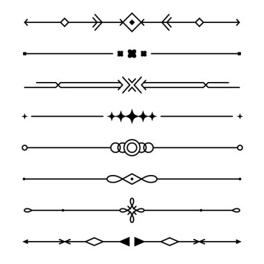 Satır metin ayırıcıları. Basit geometrik sınırlar kümesi. Tebrik kartları, davetiyeler, menü tasarımları için zarif bir koleksiyon. Düz doğrusal biçimde beyaz bir arkaplanda izole edilmiş vektör illüstrasyonu