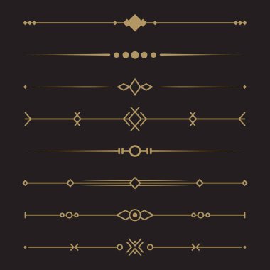 Hat altın metin ayırıcıları. Basit geometrik sınırlar kümesi. Menü koleksiyonu, tebrik kartı, sertifika tasarımları. Düz doğrusal biçimde siyah bir arkaplanda izole edilmiş vektör illüstrasyonu