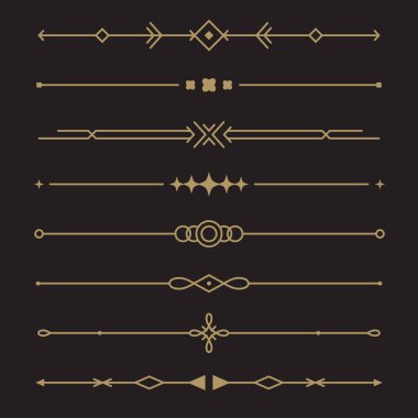 Hat altın metin ayırıcıları. Basit geometrik sınırlar kümesi. Menü için şık bir koleksiyon, tebrik kartı, diploma tasarımları. Düz doğrusal biçimde siyah bir arkaplanda izole edilmiş vektör illüstrasyonu