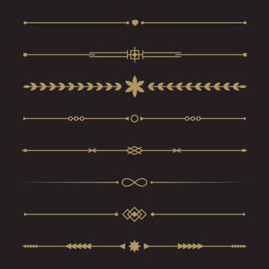 Hat altın metin ayırıcıları. Basit geometrik sınırlar kümesi. Menü için şık bir koleksiyon, tebrik kartı, düğün davetiyesi tasarımları. Düz doğrusal biçimde siyah arkaplanda izole edilmiş vektör illüstrasyonu