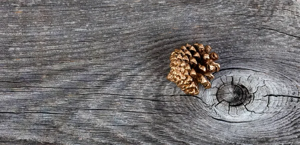 Close View Gold Pine Cone Rustic Wood Christmas New Year — Stock Photo, Image