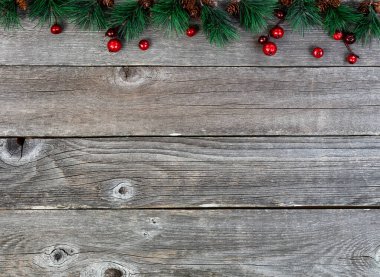 Köknar ağacı dalları ve kır ağaçlarında kırmızı böğürtlenler olan Mutlu Noeller ya da mutlu yıllar. 