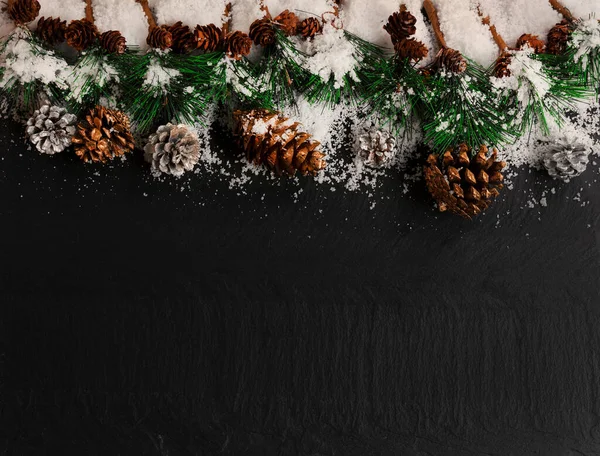 Кордон Різдвяного Снігу Ялинкових Гілок Срібних Золотих Конусів Сосни Фоні Стокове Зображення