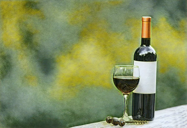 Digital watercolor painting effect on photo of glass of red wine with full bottle and corkscrew on rustic wood outdoors. Selective focus on front of wine glass with shallow depth of field on horizontal layout.