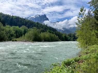 Washington Eyaleti 'nde bahar mevsiminde çağlayan dağları olan Skykomish nehri 