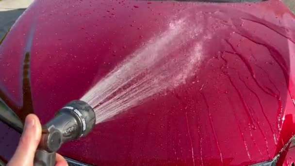 Hose Nozzle Spraying Water Car Prepare Wash — Stock Video
