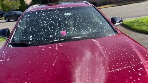 Hortumlu Hortum Sabunlu Arabaya Püskürterek Yıkamayı Tamamlıyor — Stok video