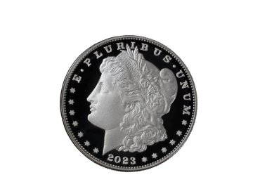 Morgan 'ın gümüş dolarının 2023 Obverse tarafı, beyaz arka planda izole edilmiş, ters dayanıklı formatta. 