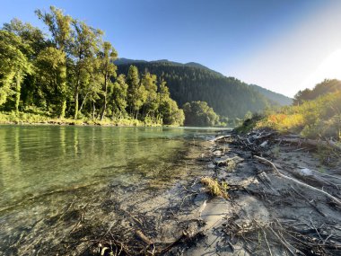 Skagit Nehri 'nin yukarısında güneş erken doğarken yaz mevsiminde doğal bir parıltı olur. 