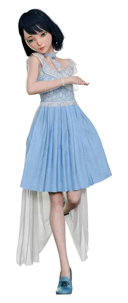 Renderowania Ładnej Lalki Niebieskim Vintage Sukienka Izolowana Białym Tle — Zdjęcie stockowe