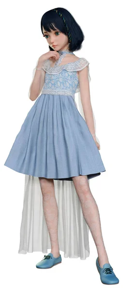 Renderização Uma Boneca Bonita Vestido Vintage Azul Isolado Fundo Branco — Fotografia de Stock