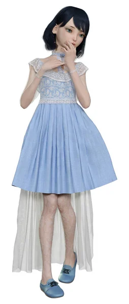 Vykreslení Krásné Panenky Modrých Vinobraní Šaty Izolované Bílém Pozadí — Stock fotografie