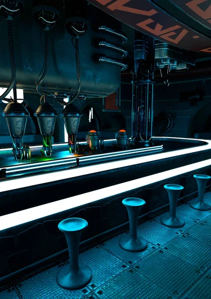 3D rendering of a science fiction bar interior