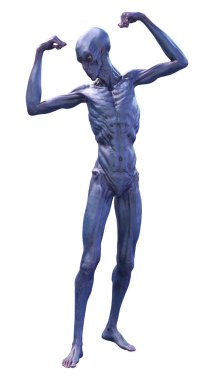 Beyaz arka planda izole edilmiş mavi erkek bir uzaylının 3 boyutlu görüntüsü