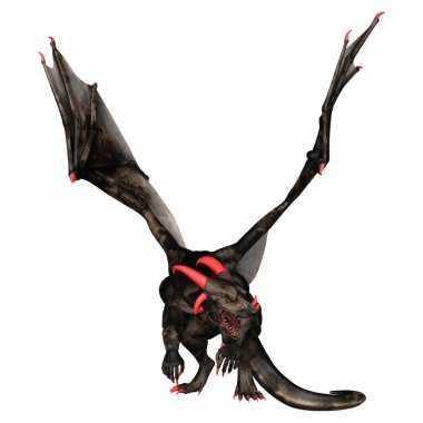 Beyaz arka planda izole edilmiş bir fantezi ejderhanın 3 boyutlu canlandırması