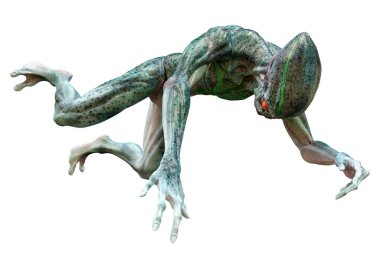 Beyaz arka planda izole edilmiş yeşil bir uzaylının 3 boyutlu görüntüsü