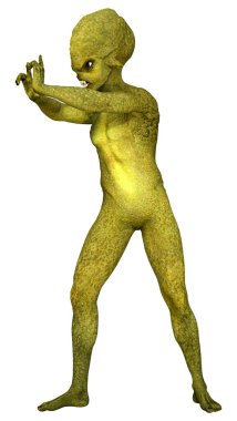 Beyaz arka planda izole edilmiş yeşil bir uzaylının 3 boyutlu görüntüsü