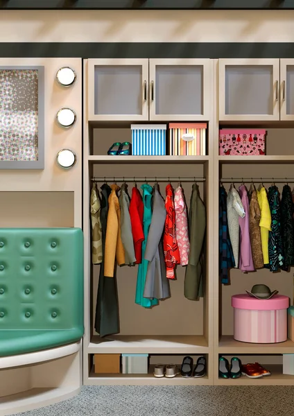 带衣柜的家庭壁橱内部三维渲染 — 图库照片