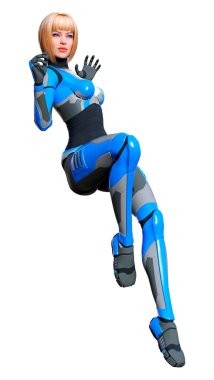 Beyaz arka planda izole edilmiş bir kadın robotun 3 boyutlu canlandırması