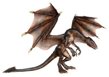 Beyaz arka planda izole edilmiş bir fantezi ejderhanın 3 boyutlu canlandırması