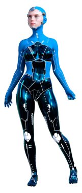 Beyaz arka planda izole edilmiş bir kadın robotun 3 boyutlu canlandırması