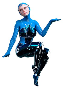 Beyaz arka planda izole edilmiş bir kadın robotun 3 boyutlu canlandırması