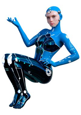 Beyaz arka planda izole edilmiş bir kadın robotun 3 boyutlu canlandırması