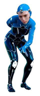 Beyaz arka planda izole edilmiş bir kadın robotun 3 boyutlu canlandırması